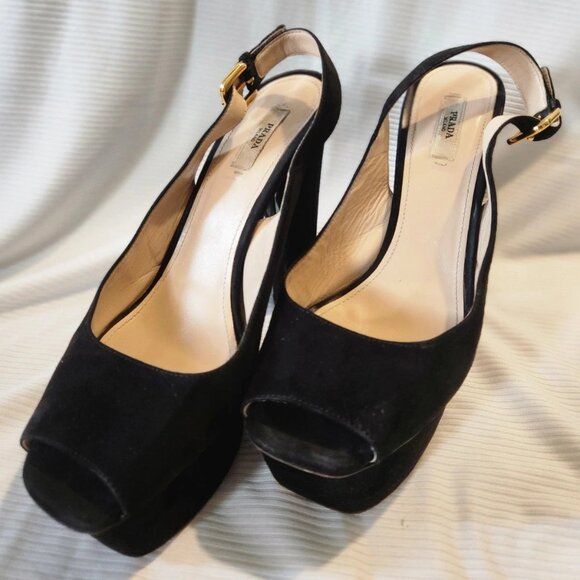 PRADA Black Suede Heel Size 40 Gold Detailing Made In Italy Pre-Owned No Box - Picture 1 of 10